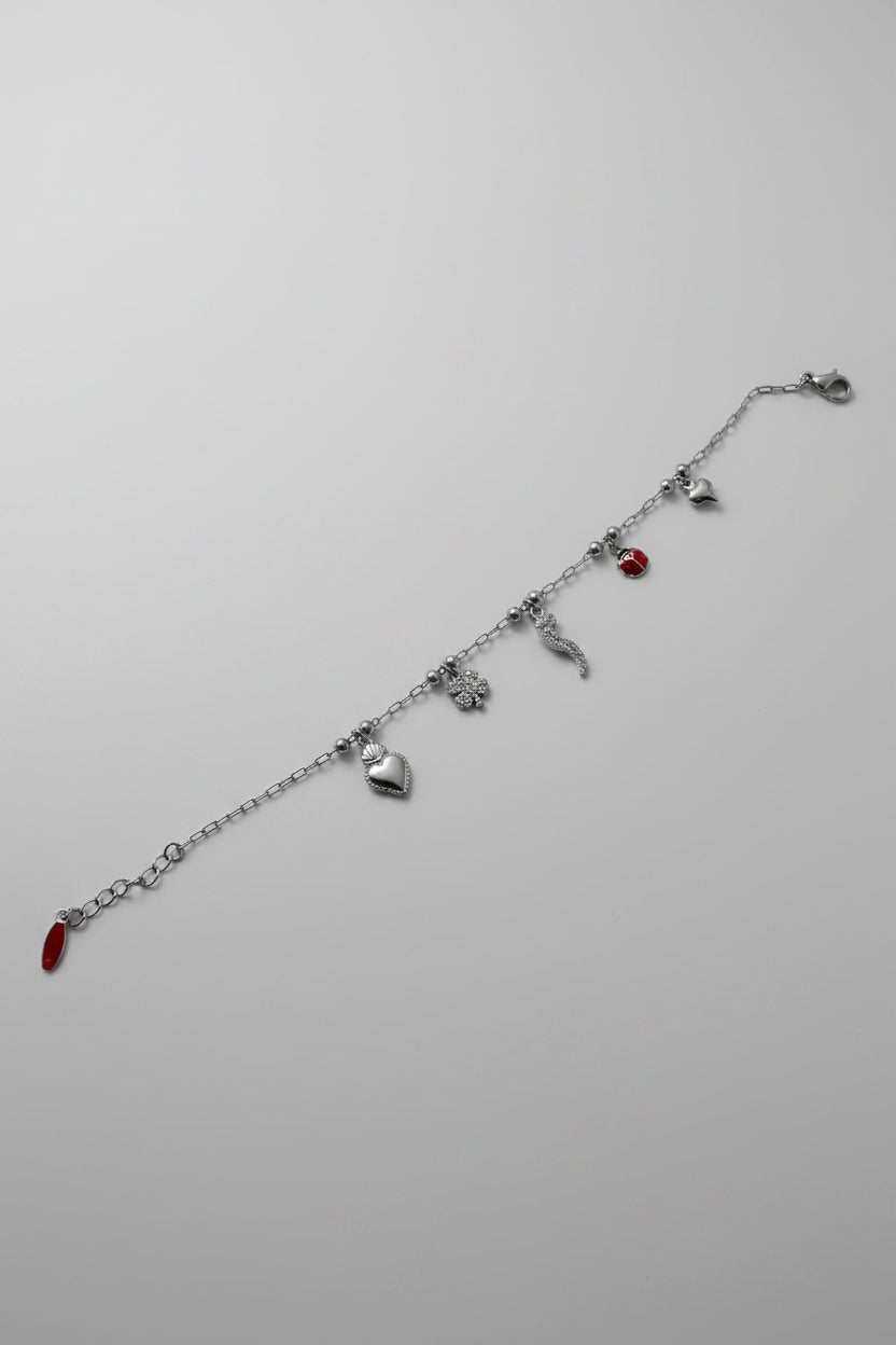 Bracciale a Catenina con Charm in Acciaio — Sacro Cuore, Quadrifoglio, Cornicello, Coccinella e Cuoricino