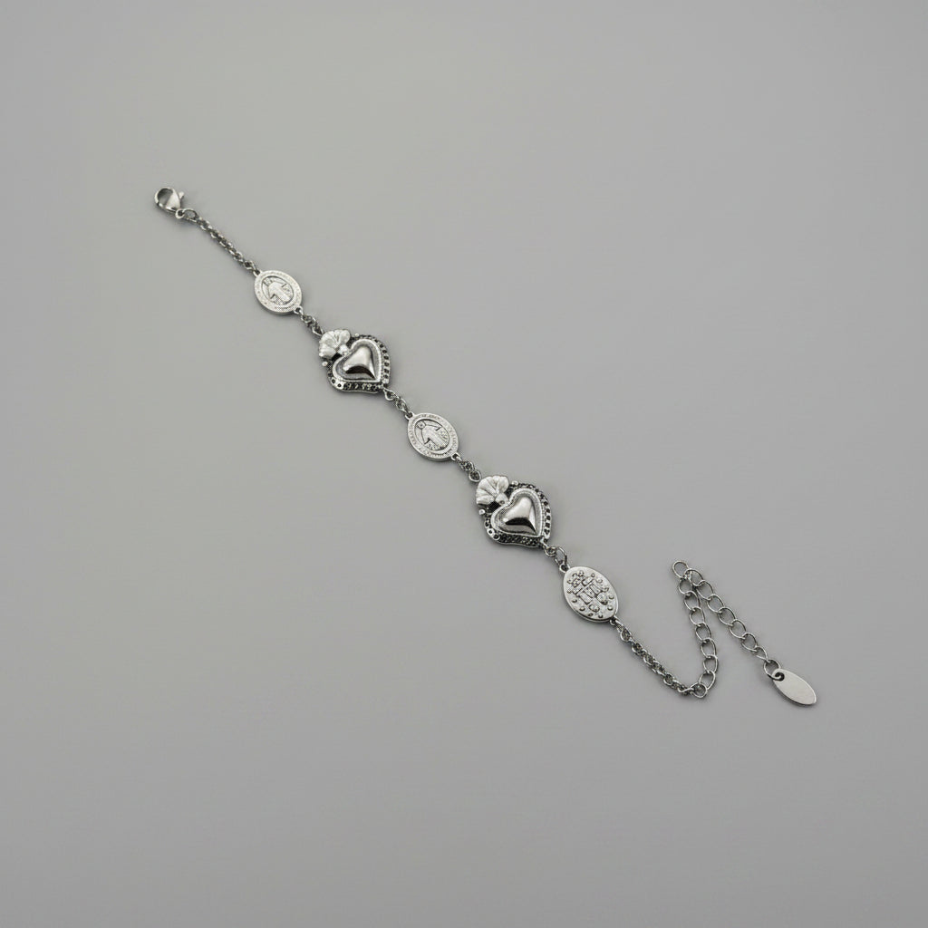 Bracciale con Cuori Sacri e Piastre Madonna di Fatima in Acciaio