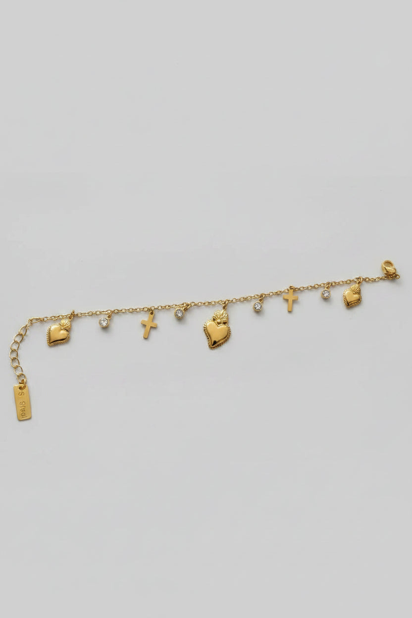 Bracciale a Catenina Dorata con Charm — 2 Croci, 3 Cuori Sacri e 4 Punti Luce