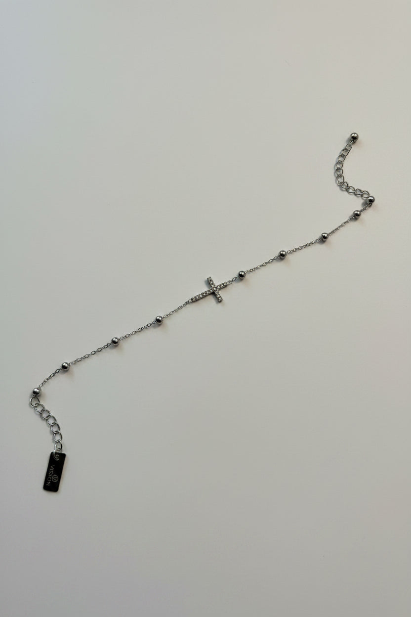 Bracciale a Catenina con Sfere e Croce con Brillantini in Acciaio