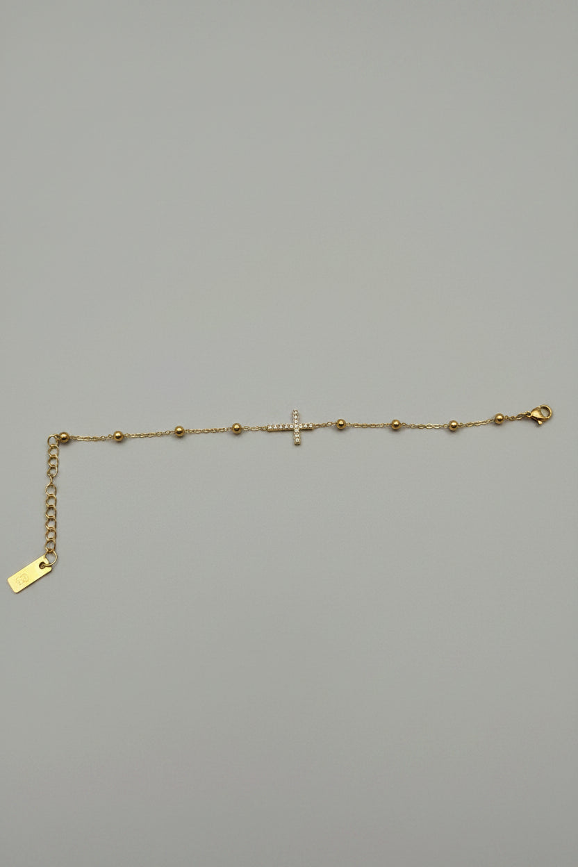 Bracciale a Catenina con Sfere e Croce con Brillantini in Acciaio Dorato
