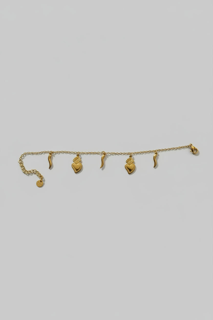 Bracciale a Catenina in Acciaio Dorato con Charm Cornicello e Sacro Cuore