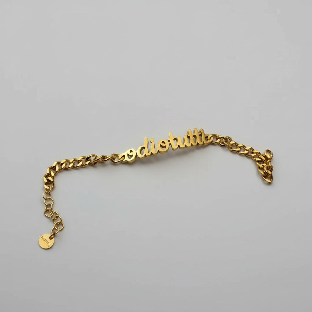 Bracciale con Catena e Scritta "Odio Tutti" in Acciaio Dorato