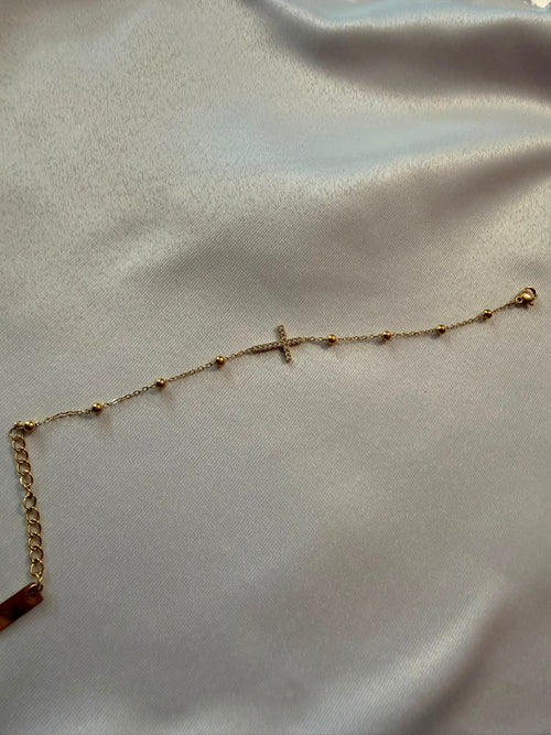 Bracciale a Catenina con Sfere e Croce con Brillantini in Acciaio Dorato