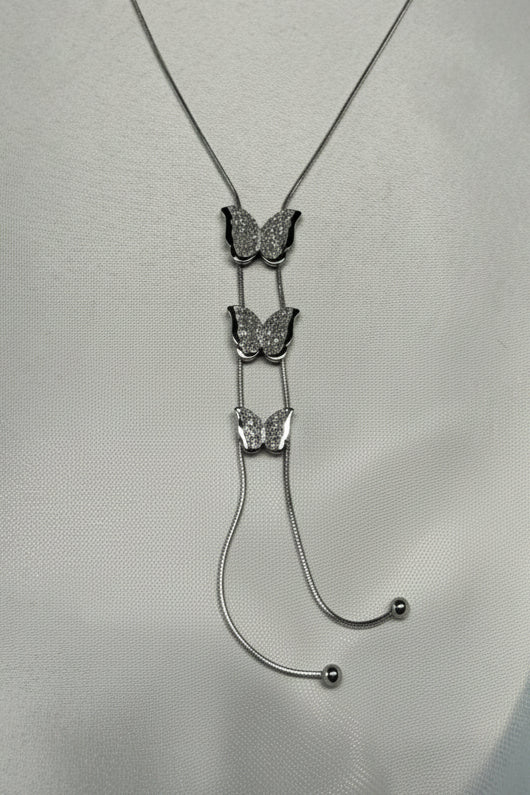 Tres Papiliones — Collana Tre Farfalle con Brillantini in Acciaio