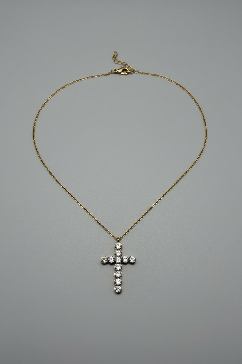 Collana croce con 11 brillantini in acciaio dorato