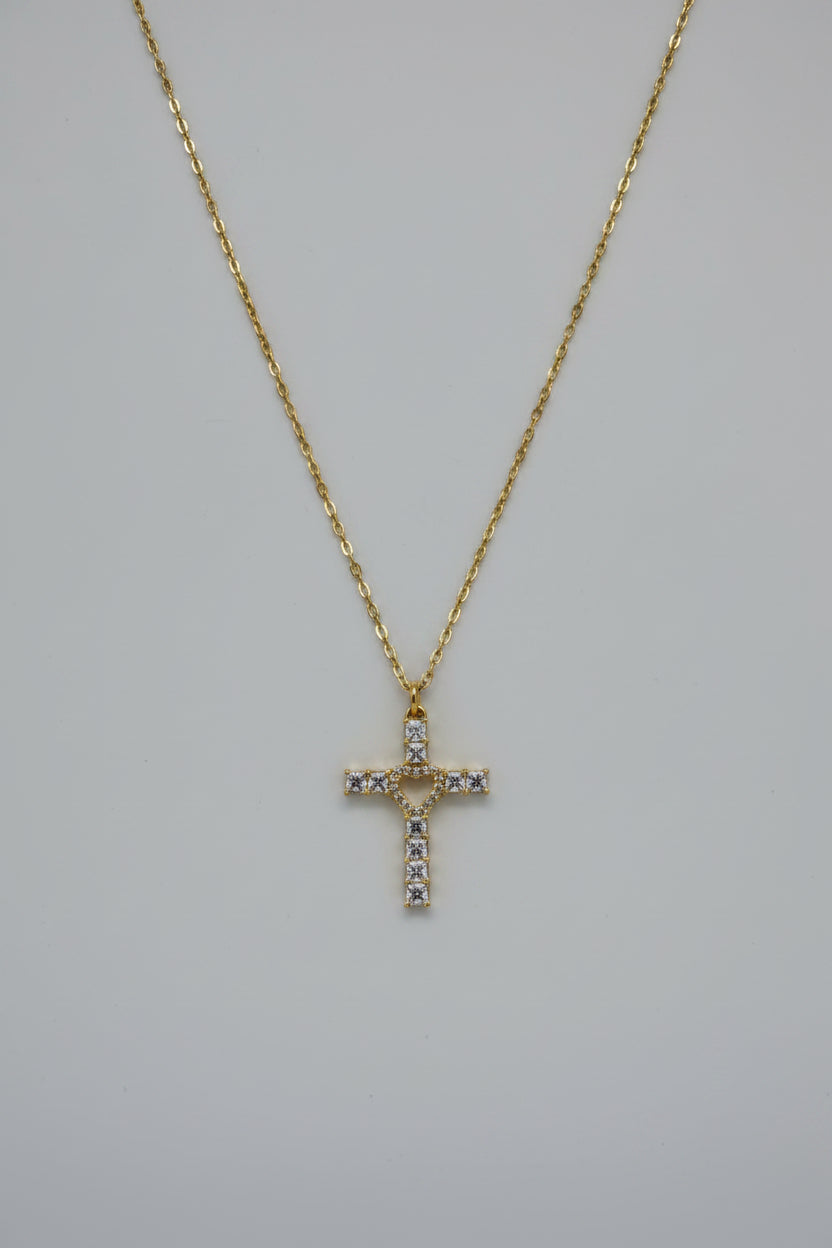 Lux Crucis Cor Gold — collana croce cuore brillanti in acciaio dorato