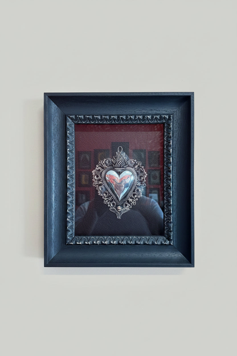 Serie Dark Wood - Quadro Ex Voto Sacro Cuore su Ecopelle Nera 32x37