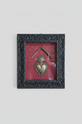Serie Midnight Tide - Quadro Sacro Cuore e Rasoio Antico su Sfondo Ecopelle Bordeaux 37x42