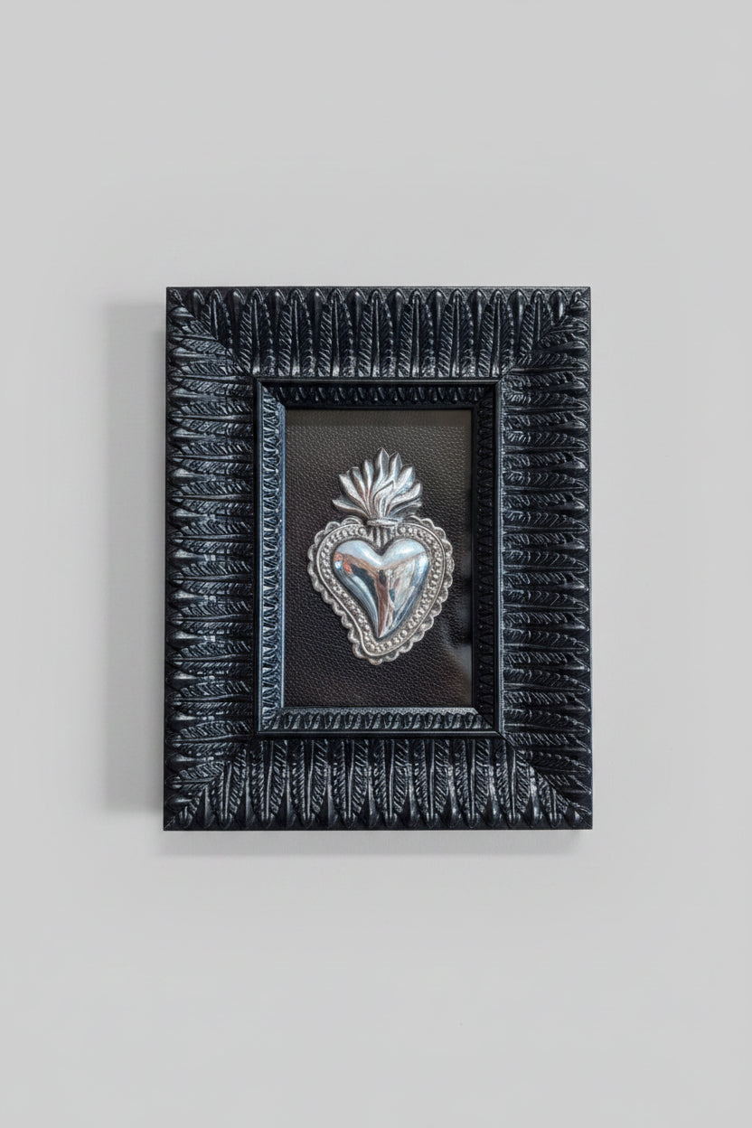Serie Obsidian Leaf - Quadro Ex Voto Sacro Cuore su Ecopelle Nera 18x23