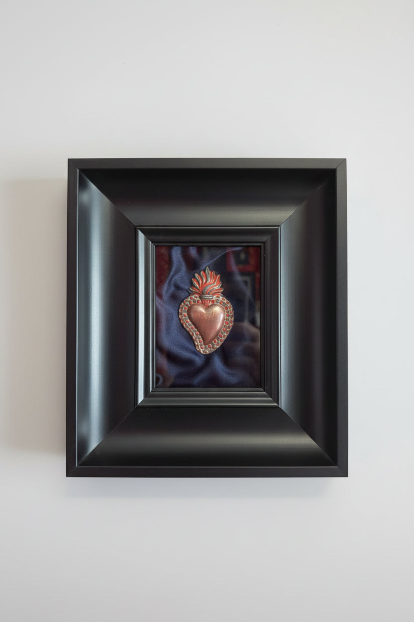 Quadro Ex Voto Sacro Cuore con Dettagli Rossi - Raso Blu Notte 20x23