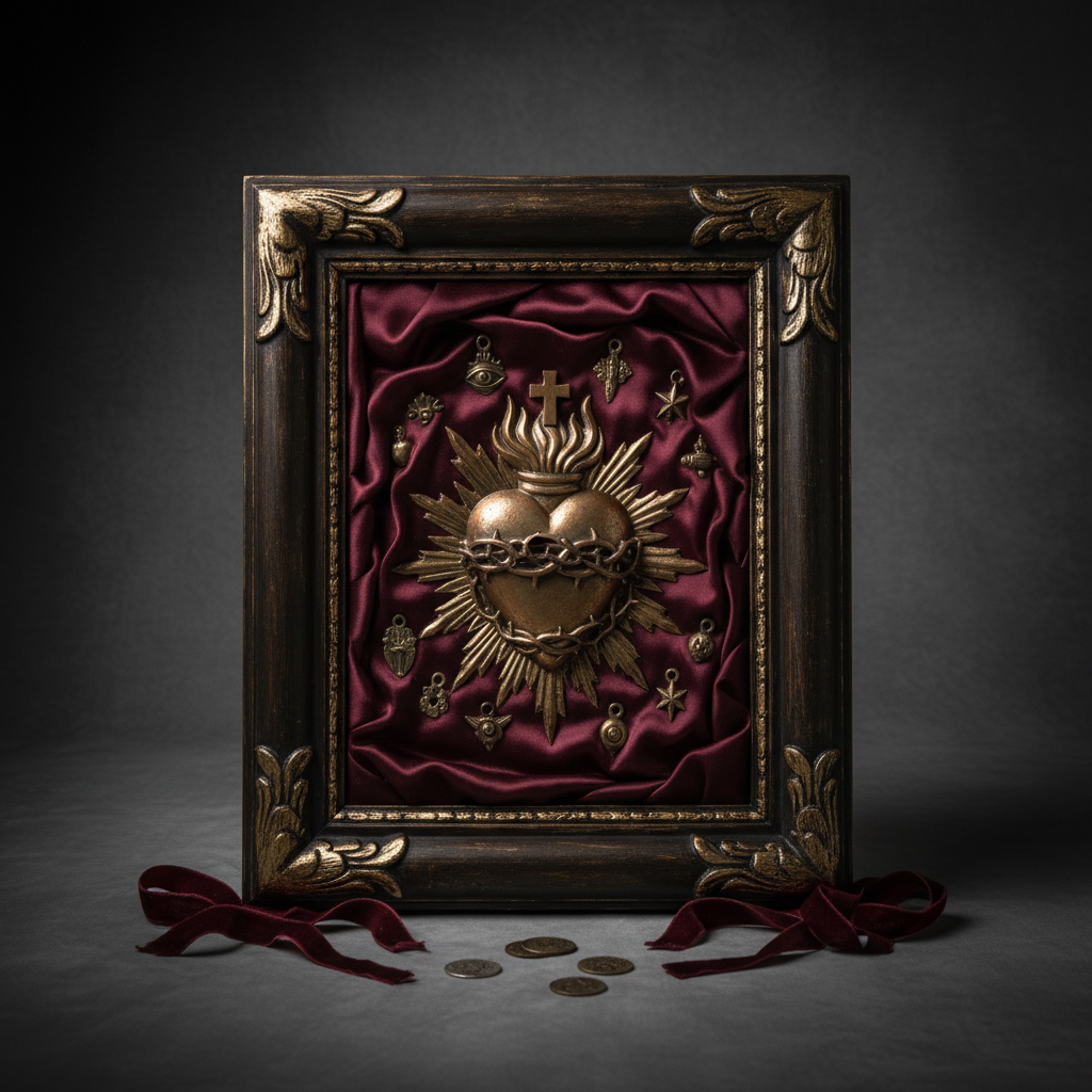 Quadro ex voto Sacro Cuore su raso bordeaux